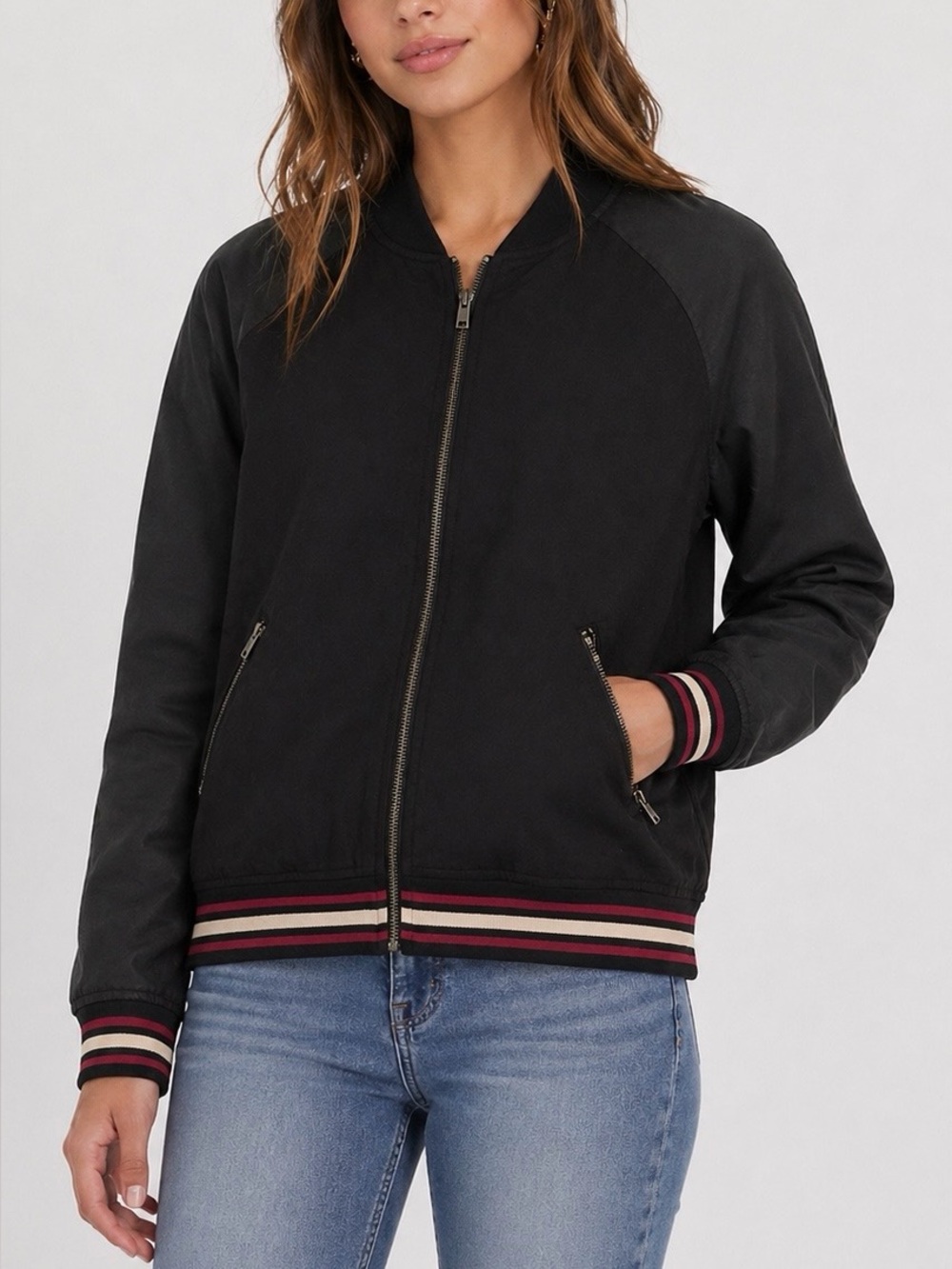 Monteau Mixed Media Black Varsity Bomber Jacket